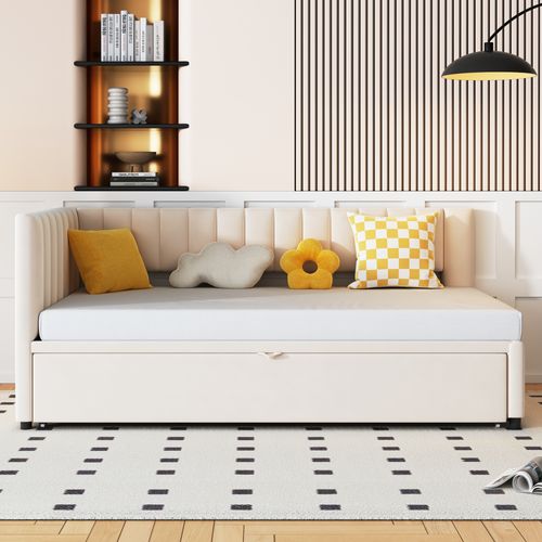 Lit Enfant Gigogne 90x200cm, Lit Extensible En Lit Adulte 180x200cm En Velours Beige