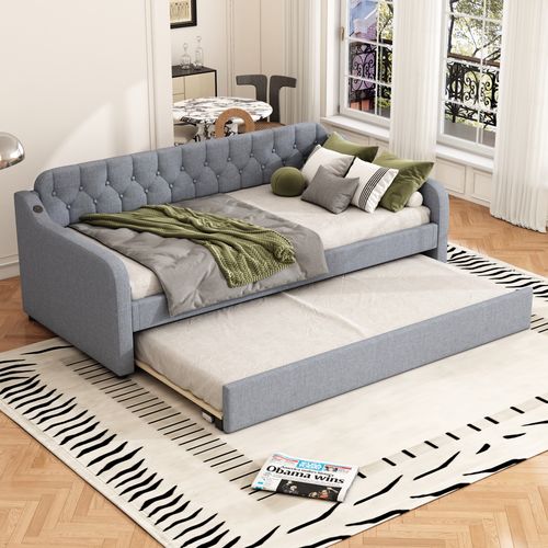 Lit Enfant Gigogne 90x200 Cm Extensible 180x200 Cm Avec Ports USB, Lin Gris