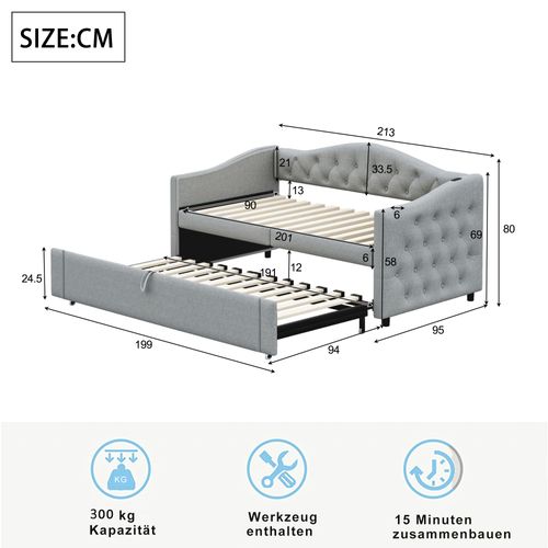 Lit Enfant Gigogne 90x200 Cm, Canapé-lit Extensible Avec Port USB Et Sommier à Lattes, Lin Gris