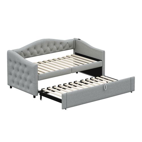 Lit Enfant Gigogne 90x200 Cm, Canapé-lit Extensible Avec Port USB Et Sommier à Lattes, Lin Gris