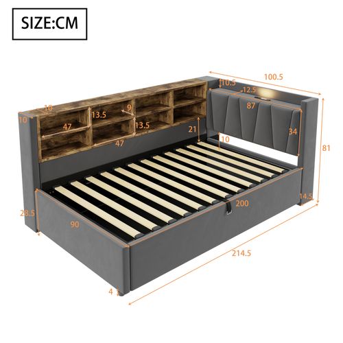 Lit Coffre Enfant 90x200 Cm, Lampe LED, Ports De Charge, Étagères De Rangement, Velours Gris