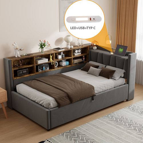 Lit Coffre Enfant 90x200 Cm, Lampe LED, Ports De Charge, Étagères De Rangement, Velours Gris