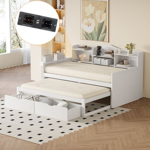 Lit Enfant 90x200cm Lit Gigogne 90x190 Avec Prises USB, 2 Tiroirs, Rangement Intégré, Bois Blanc