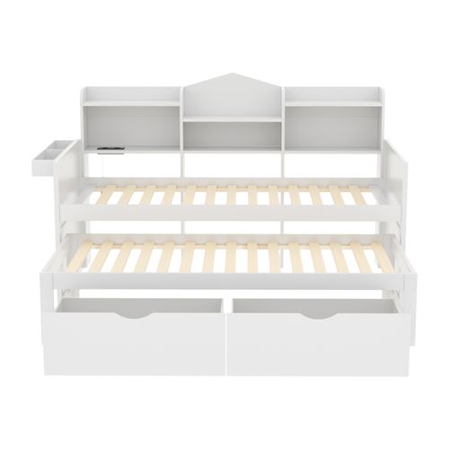 Lit Enfant 90x200cm Lit Gigogne 90x190 Avec Prises USB, 2 Tiroirs, Rangement Intégré, Bois Blanc