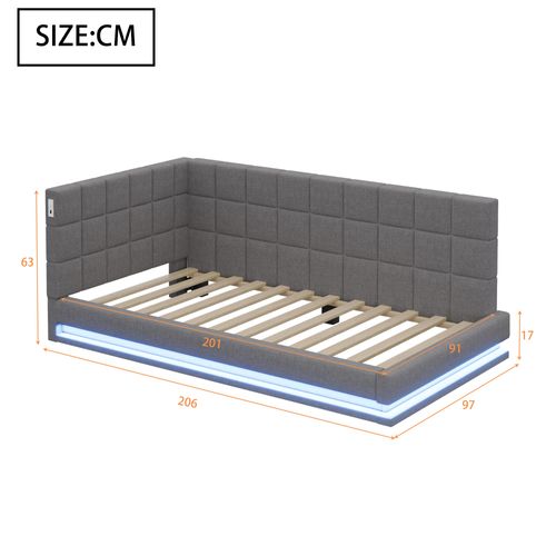 Lit Enfant 90x200 Cm Avec Éclairage LED Et Ports USB, Canapé-lit En Velours Gris