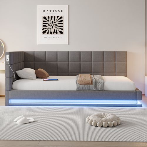Lit Enfant 90x200 Cm Avec Éclairage LED Et Ports USB, Canapé-lit En Velours Gris