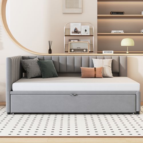 Lit Enfant Gigogne 90x200 Cm Extensible L.180cm, Avec Sommiers, Velours Gris