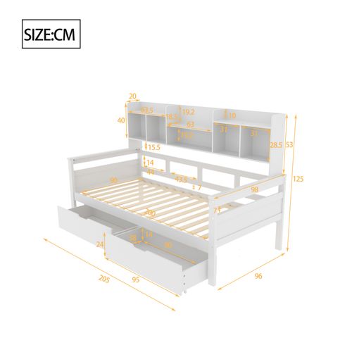 Lit Enfant 90x200 Cm 2 Tiroirs Et Étagères De Rangement En Bois Blanc