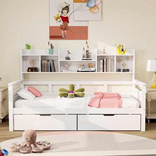 Lit Enfant 90x200 Cm 2 Tiroirs Et Étagères De Rangement En Bois Blanc