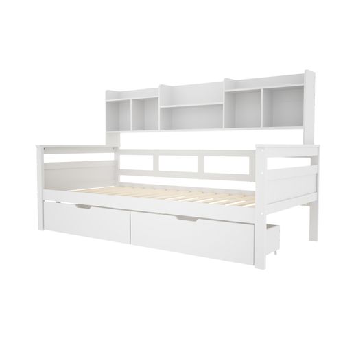 Lit Enfant 90x200 Cm 2 Tiroirs Et Étagères De Rangement En Bois Blanc