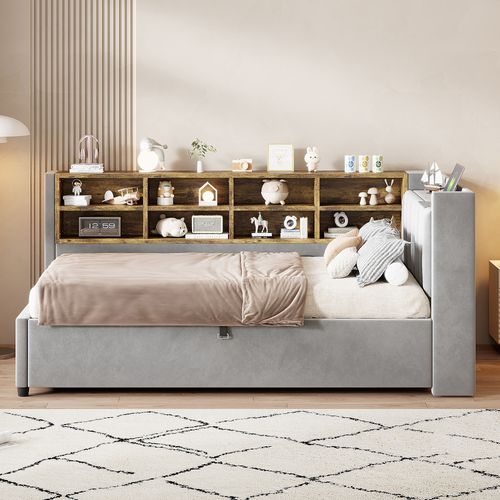 Lit Coffre 90x200 Cm En Velours Gris Clair, Rangement, Lampe LED, Ports USB, Niches