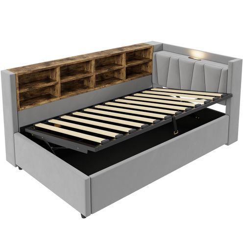 Lit Coffre 90x200 Cm En Velours Gris Clair, Rangement, Lampe LED, Ports USB, Niches