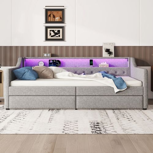 Lit Enfant 90x200 Cm Avec Sommier Et 2 Tiroirs De Rangement, LED, Prises USB, Étagères, Lin Gris