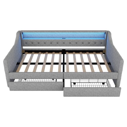 Lit Enfant 90x200 Cm Avec Sommier Et 2 Tiroirs De Rangement, LED, Prises USB, Étagères, Lin Gris