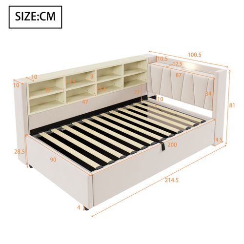 Lit Coffre Simple 90x200 Cm Avec Rangement, Tête De Lit LED Et Ports USB/type-c, Velours Beige