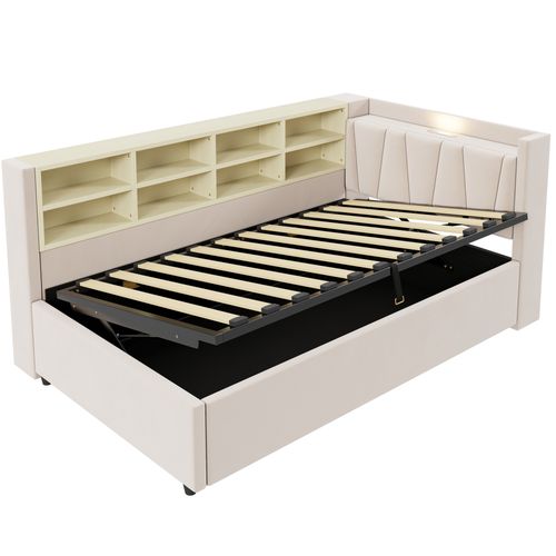 Lit Coffre Simple 90x200 Cm Avec Rangement, Tête De Lit LED Et Ports USB/type-c, Velours Beige