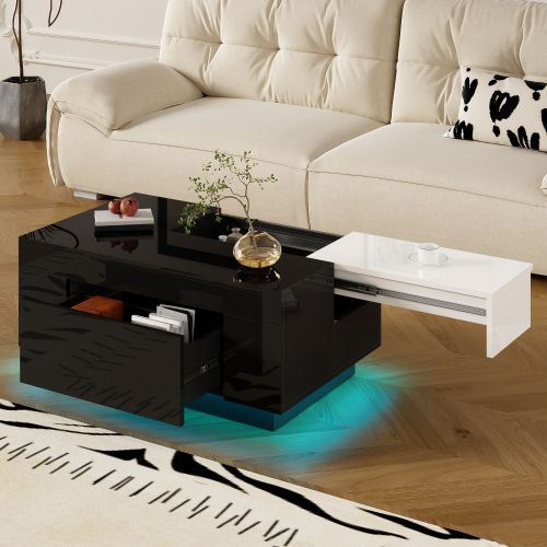 Table Basse Noire Et Blanche Brillante Avec 1 Tiroir, LED, Plateau Rétractable Et Rangement Caché