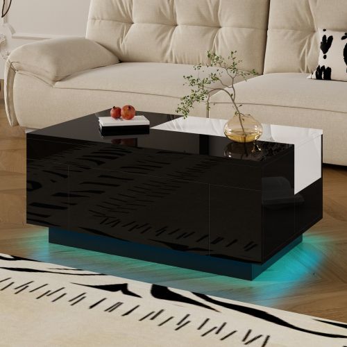Table Basse Noire Et Blanche Brillante Avec 1 Tiroir, LED, Plateau Rétractable Et Rangement Caché