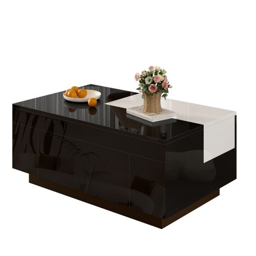 Table Basse Noire Et Blanche Brillante Avec 1 Tiroir, LED, Plateau Rétractable Et Rangement Caché