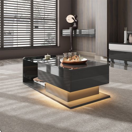 Table Basse Noire Brillante Avec Verre, LED, Plateau Relevable Et Rangement Caché