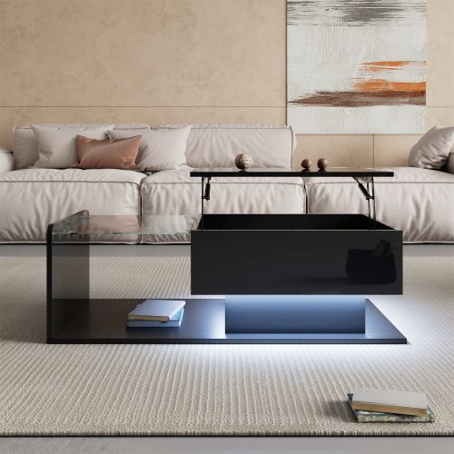 Table Basse Noire Brillante Avec Verre, LED, Plateau Relevable Et Rangement Caché