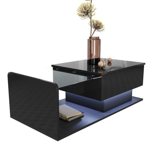 Table Basse Noire Brillante Avec Verre, LED, Plateau Relevable Et Rangement Caché