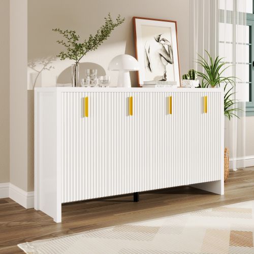 Buffet De Salon Blanc, Buffet à 4 Portes, Poignées Dorées, Séparateurs Réglables