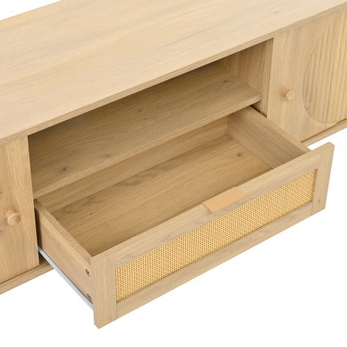 Meuble TV Bois Avec 2 Portes, Tiroirs En Rotin, Compartiments Ouverts, Plateau Rond, Pieds En Métal