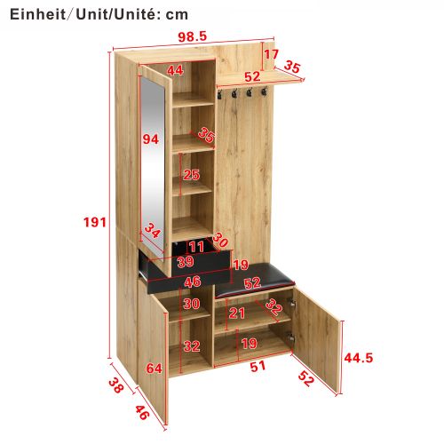 Vestiaire D'entrée Bois Avec Armoire à Chaussures, 5 Patères, Miroir, Armoire, 1 Tiroir, Banc Noir