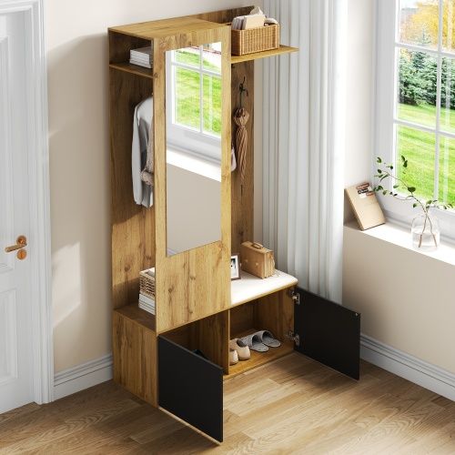 Vestiaire D'entrée Bois Avec 5 Patères, Miroir, Meuble à Chaussures Et Banc à Chaussures Blanc