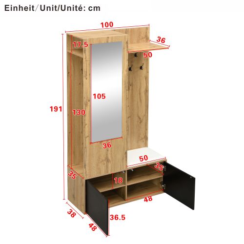 Vestiaire D'entrée Bois Avec 5 Patères, Miroir, Meuble à Chaussures Et Banc à Chaussures Blanc