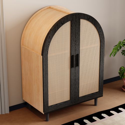 Meuble à Chaussures Bois Et Noir Avec 2 Portes Creuses En Rotin, 4 Niveaux, Plateau Incurvé