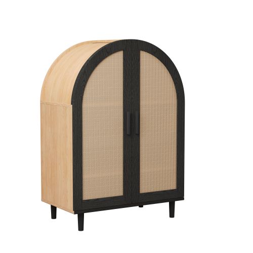 Meuble à Chaussures Bois Et Noir Avec 2 Portes Creuses En Rotin, 4 Niveaux, Plateau Incurvé