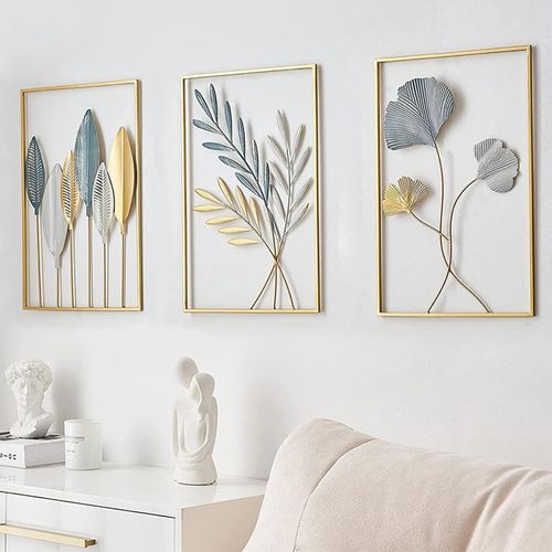 Décorations Murale Métal Doré, Feuilles, 3 Pièces