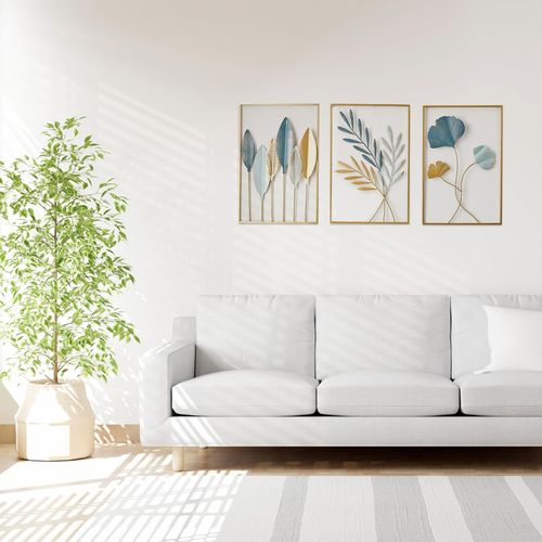 Décorations Murale Métal Doré, Feuilles, 3 Pièces