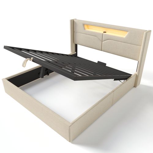 Lit Coffre Sans Fond 140x200cm, Tête De Lit V-sculptée, LED, USB + Type-c, Lin, Beige
