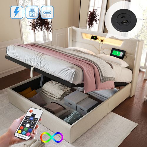 Lit Coffre Sans Fond 140x200cm, Tête De Lit V-sculptée, LED, USB + Type-c, Lin, Beige