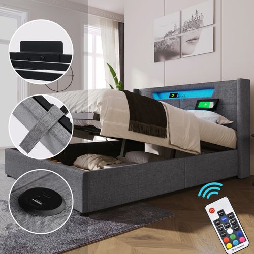 Lit Coffre Sans Fond 140x200cm, Tête De Lit V-sculptée, LED, USB + Type-c, Lin, Gris