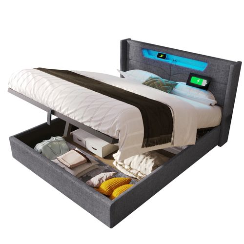 Lit Coffre Sans Fond 160x200cm, Tête De Lit V-sculptée, LED, USB + Type-c, Lin, Gris