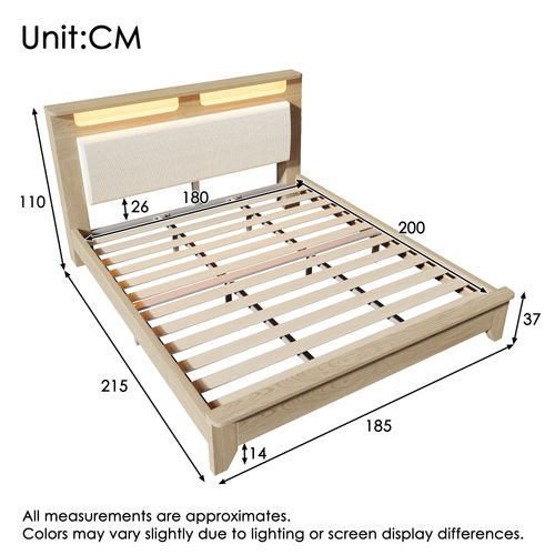 Lit 180x200cm, Lit Double Avec LED Réglable, Sommier, Coton Silencieux, Velours Côtelé + Mdf, Beige