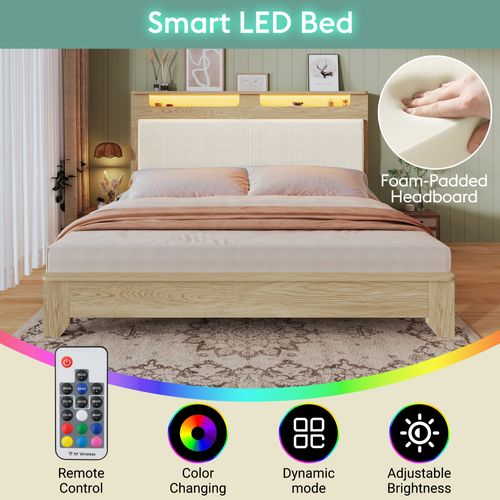 Lit 180x200cm, Lit Double Avec LED Réglable, Sommier, Coton Silencieux, Velours Côtelé + Mdf, Beige