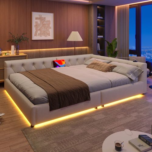 Lit Adulte 140x200 Cm, Canapé-lit Avec LED, Télécommande, Ports USB/type-c, Lin Beige