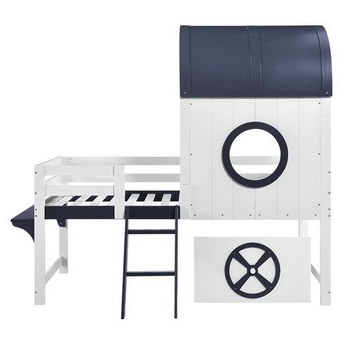Lit Enfant Cabane 90x200cm Mi-haut Bois, Tiroir, Rangement, Échelle, Barrières, Blanc + Bleu Foncé