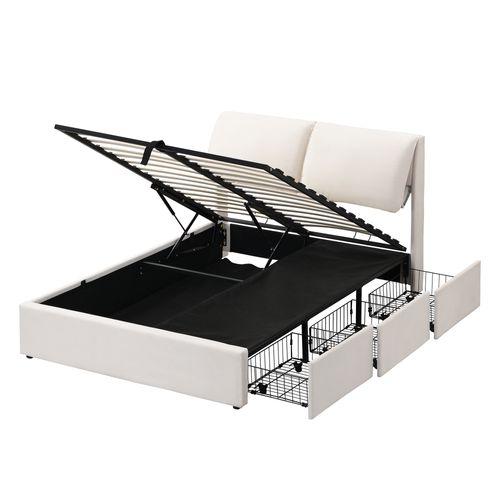 Lit Coffre Adulte 140x200 Cm Avec 3 Tiroirs, Rangement, Tête De Lit Réglable, Velours Beige-blanc