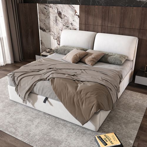 Lit Coffre 180x200 Cm, Lit Adulte 3 Tiroirs De Rangement, Tête Réglable, Velours Beige-blanc