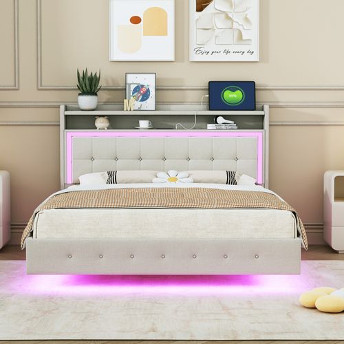 Lit 140x200 Cm, Lit Adulte LED En Lin, Ports USB-c, Tête De Lit Avec Étagères, Sommier, Beige