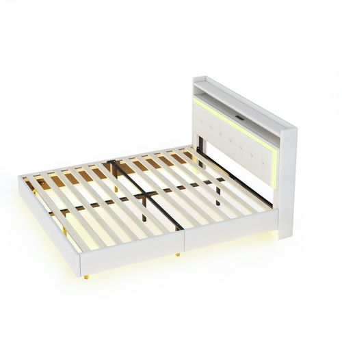 Lit 140x200 Cm, Lit Adulte LED En Lin, Ports USB-c, Tête De Lit Avec Étagères, Sommier, Beige