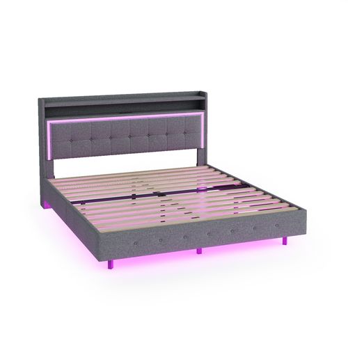 Lit Adulte 160x200 Cm Avec Rangement, Éclairage LED, Ports De Charge, Étagères, Lin Gris