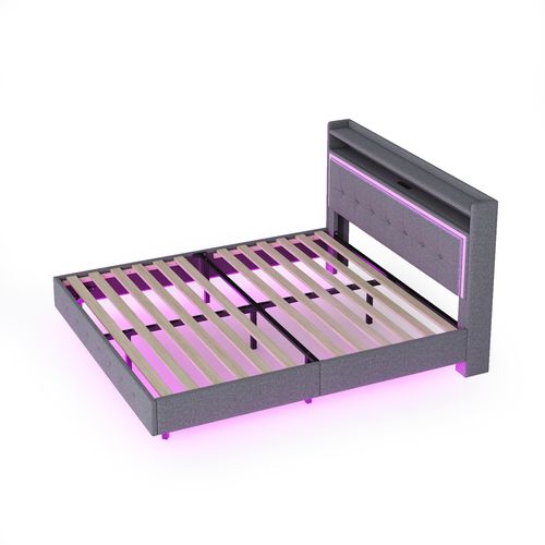 Lit Adulte 160x200 Cm Avec Rangement, Éclairage LED, Ports De Charge, Étagères, Lin Gris