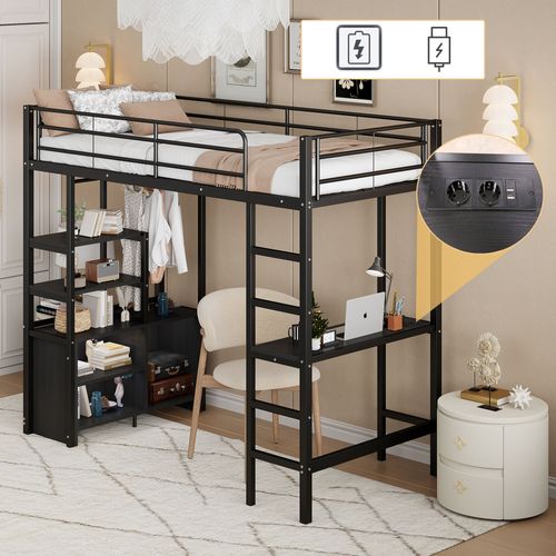 Lit Mezzanine 90x200cm En Métal, Bureau Avec Prises USB, Étagères De Rangement, Noir